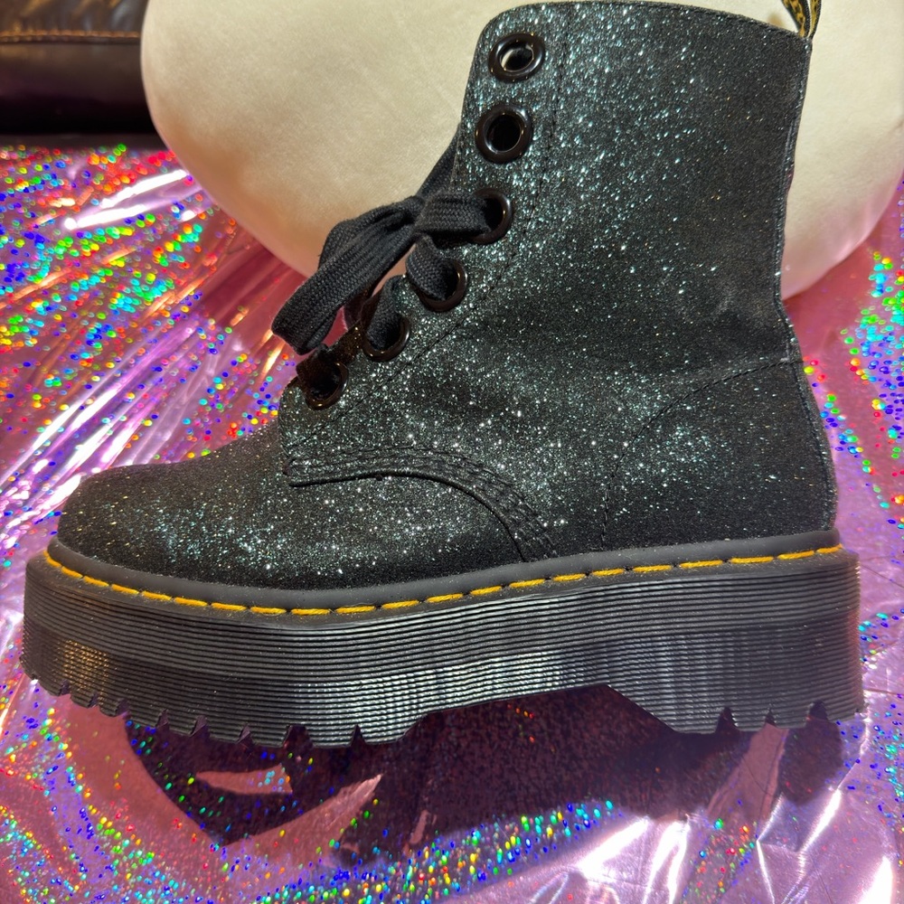 Dr. Martens Black and Emerald Glitter Platform Boots